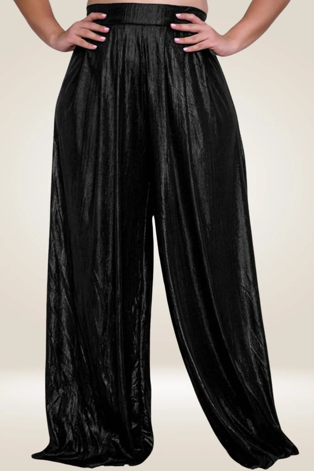 Plus Size Metallic High Waist Wide Leg Black Palazzo Pants