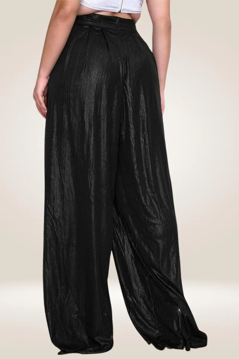 Plus Size Metallic High Waist Wide Leg Black Palazzo Pants