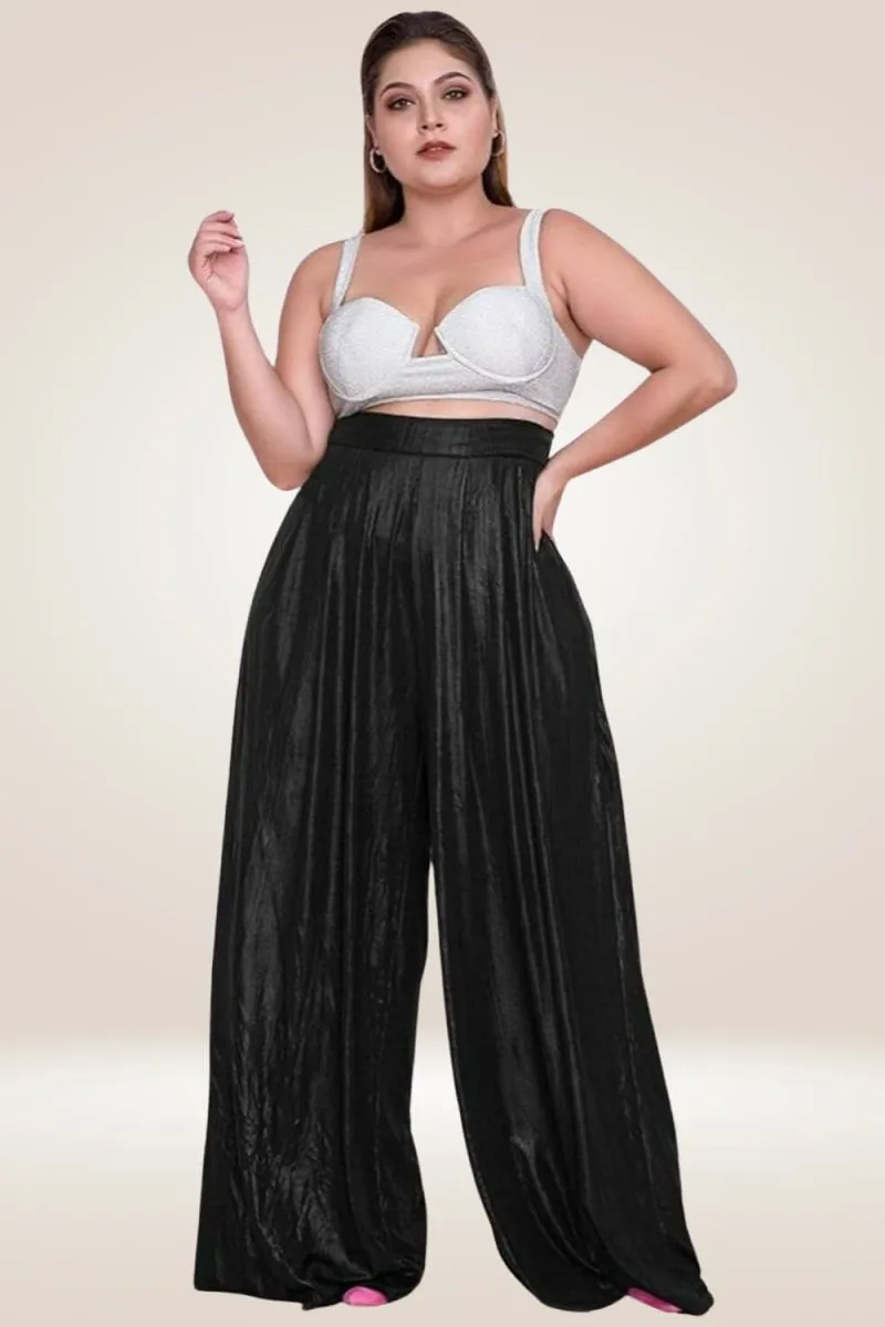 Plus Size Metallic High Waist Wide Leg Black Palazzo Pants