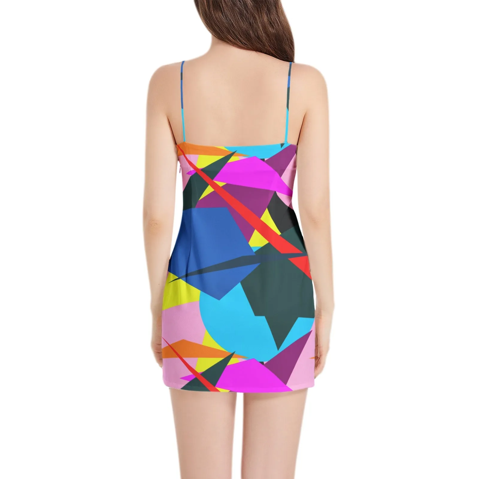 Polychromatic Collage Sleeveless Square Neckline Spaghetti Strap Mini Dress