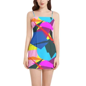 Polychromatic Collage Sleeveless Square Neckline Spaghetti Strap Mini Dress