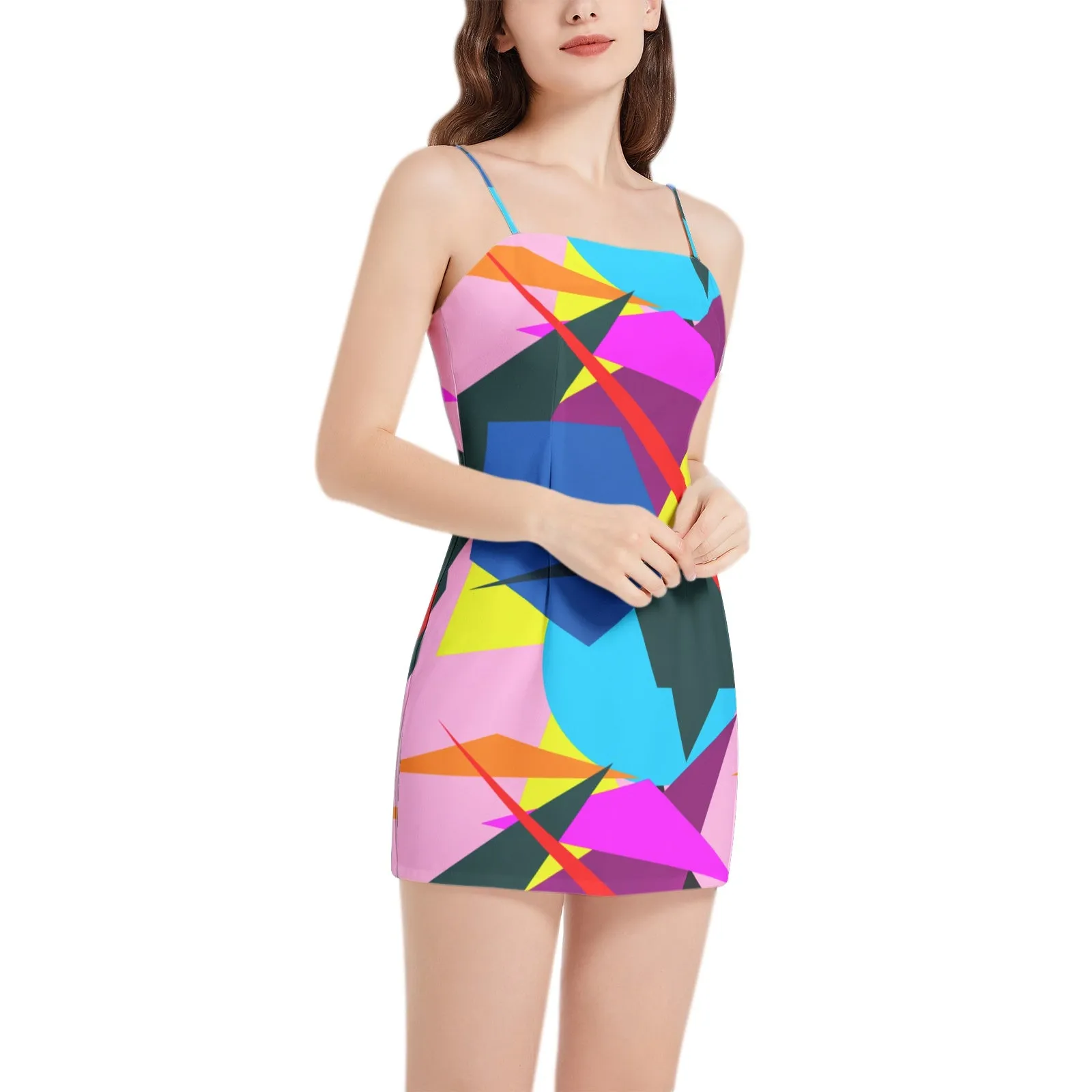 Polychromatic Collage Sleeveless Square Neckline Spaghetti Strap Mini Dress