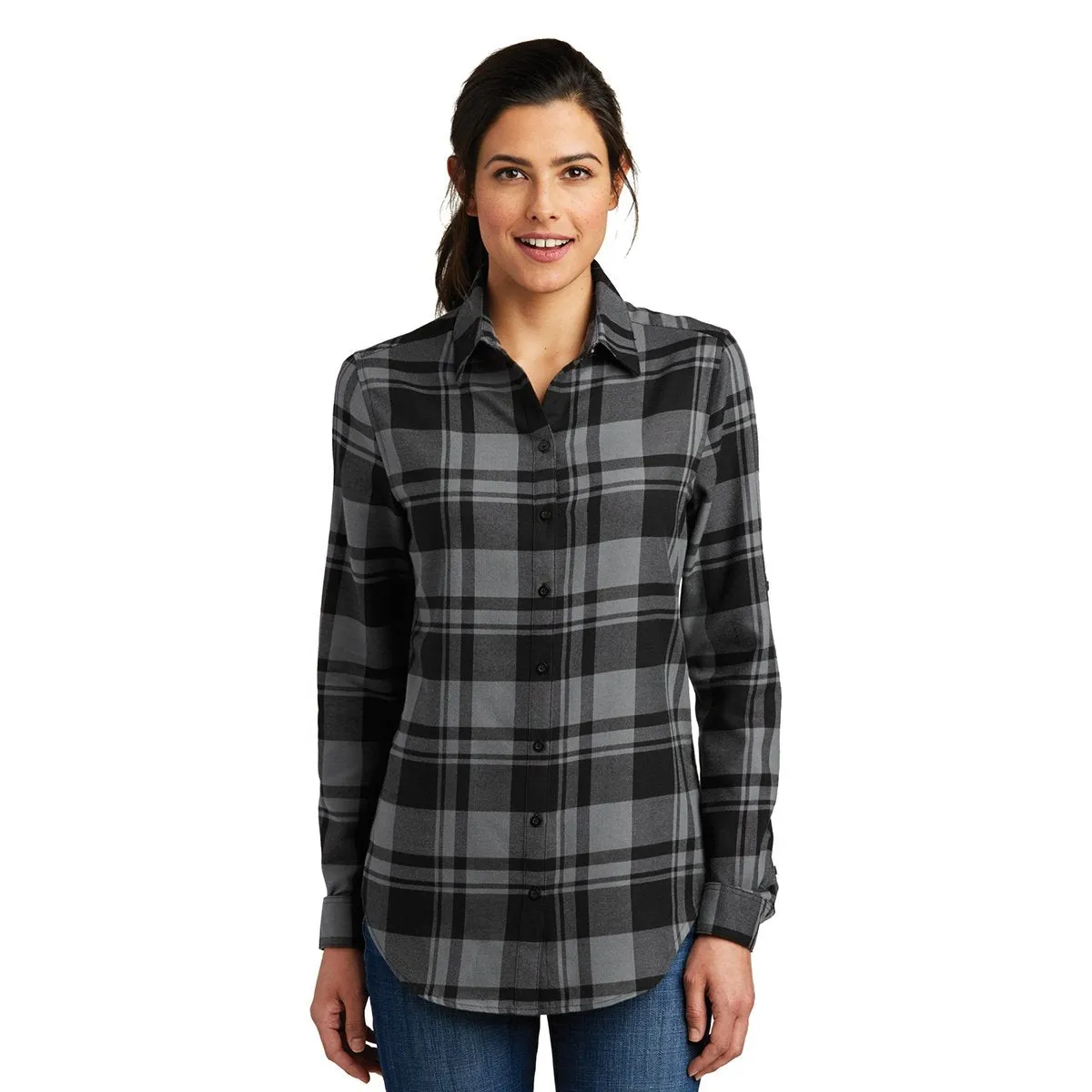 Port Authority Women's Grey/Black Plaid Flannel Tunic