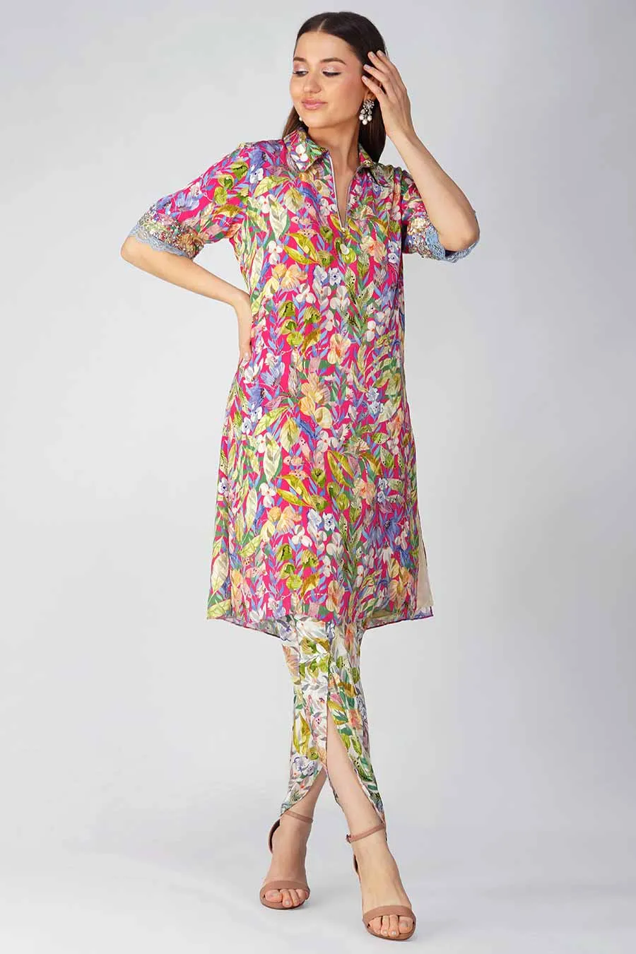 Rani Pink Leaf Printed Tunic & Pant Set