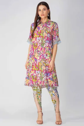 Rani Pink Leaf Printed Tunic & Pant Set