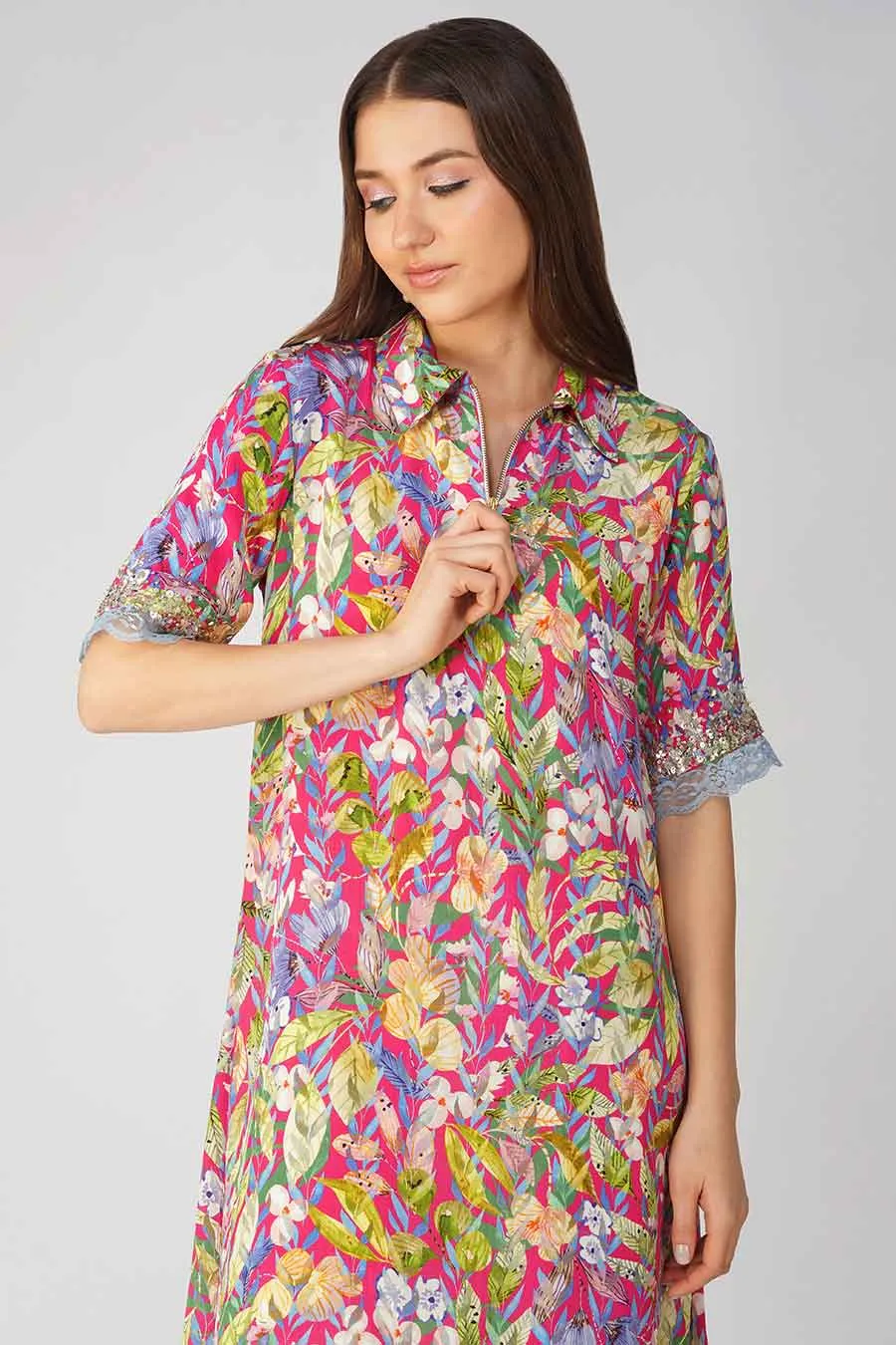 Rani Pink Leaf Printed Tunic & Pant Set