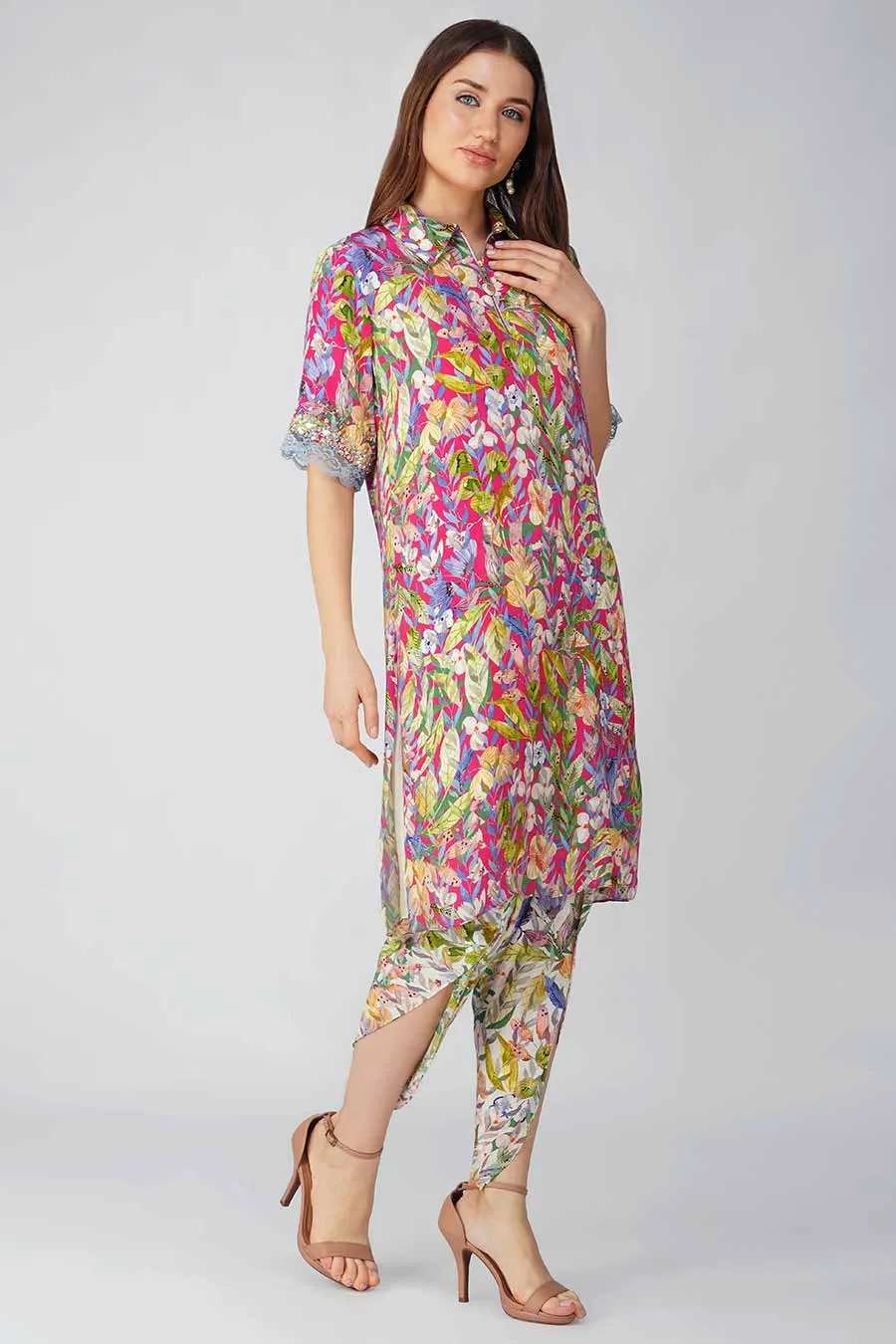 Rani Pink Leaf Printed Tunic & Pant Set