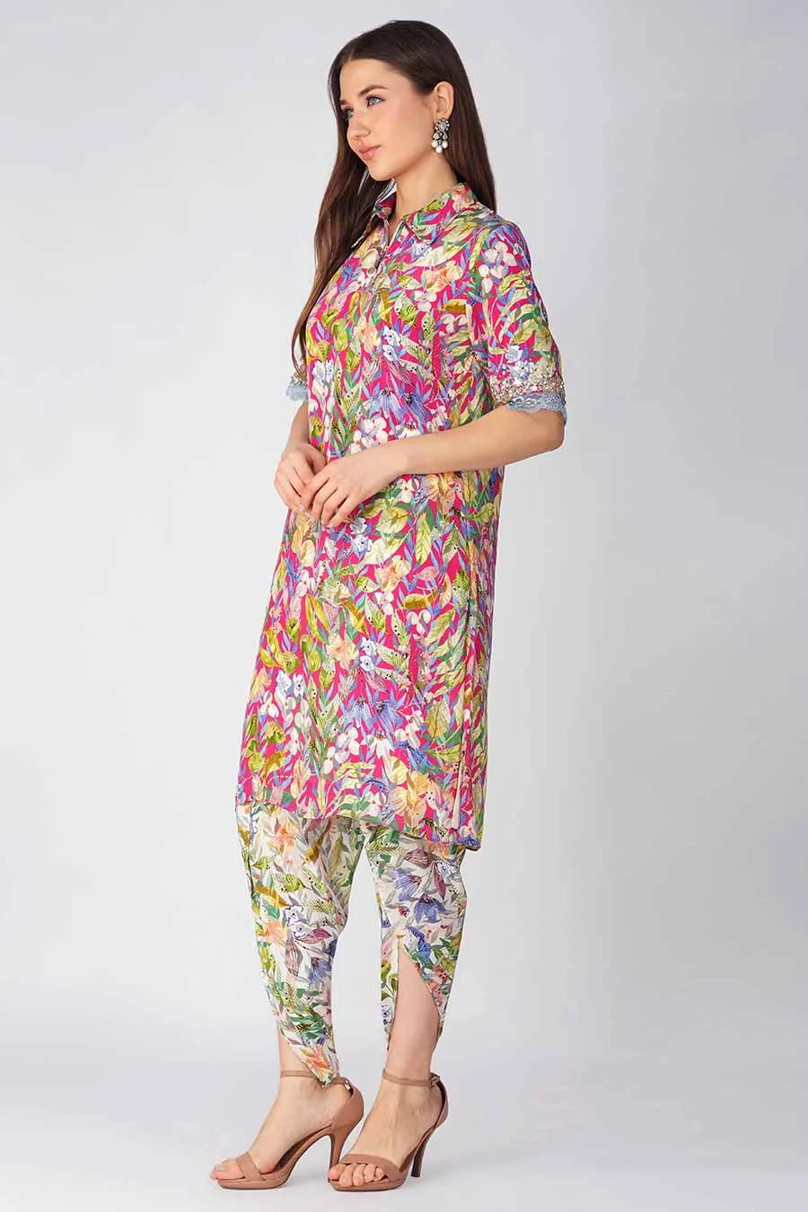 Rani Pink Leaf Printed Tunic & Pant Set