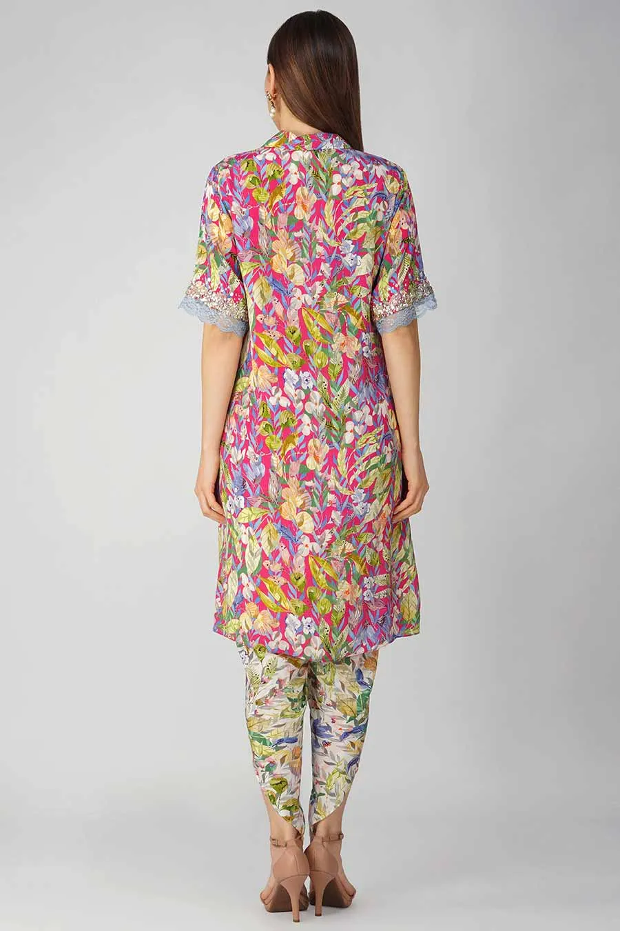 Rani Pink Leaf Printed Tunic & Pant Set