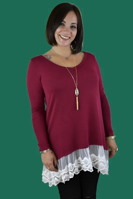 Reborn J Hi Lo Lace Hem Tunic - Burgundy