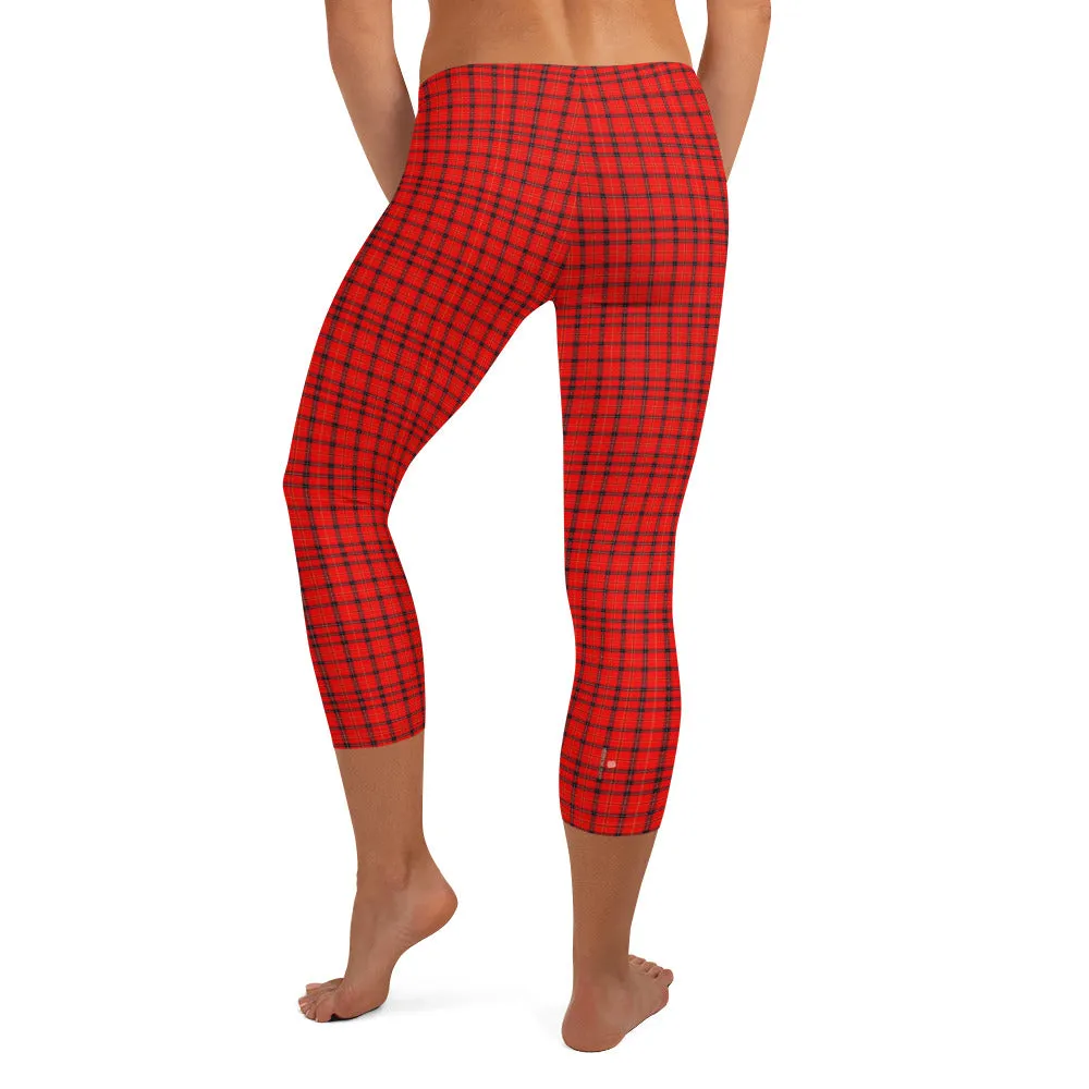 Red Plaid Print Capri Leggings, Scottish Tartan Best Womens Capris Tights-Made in USA/EU