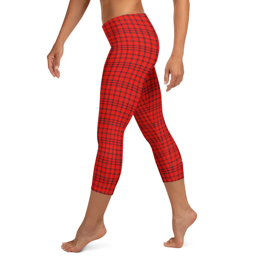 Red Plaid Print Capri Leggings, Scottish Tartan Best Womens Capris Tights-Made in USA/EU