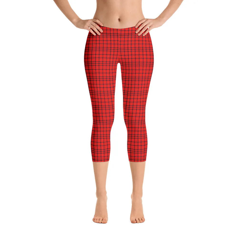 Red Plaid Print Capri Leggings, Scottish Tartan Best Womens Capris Tights-Made in USA/EU