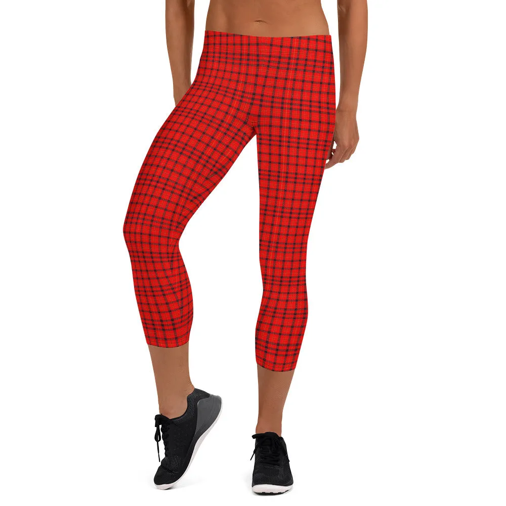 Red Plaid Print Capri Leggings, Scottish Tartan Best Womens Capris Tights-Made in USA/EU