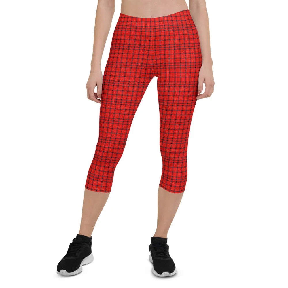 Red Plaid Print Capri Leggings, Scottish Tartan Best Womens Capris Tights-Made in USA/EU