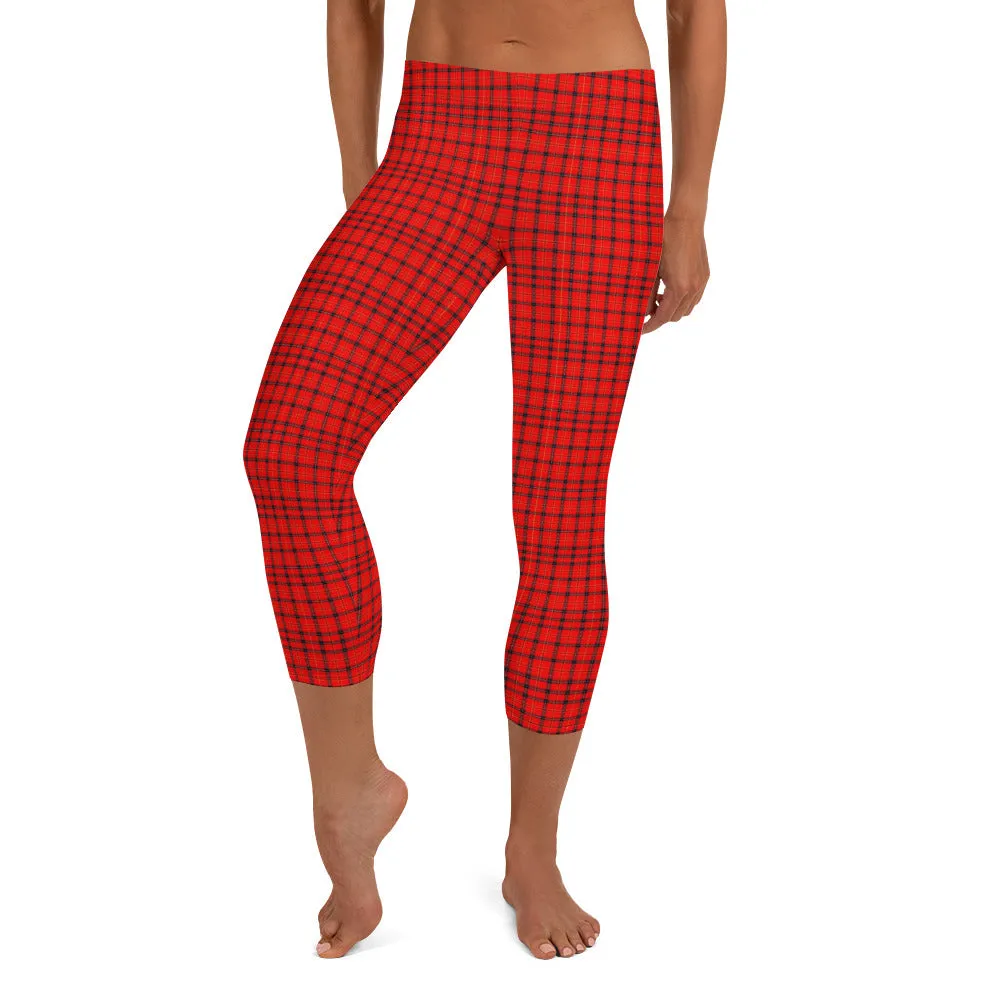 Red Plaid Print Capri Leggings, Scottish Tartan Best Womens Capris Tights-Made in USA/EU