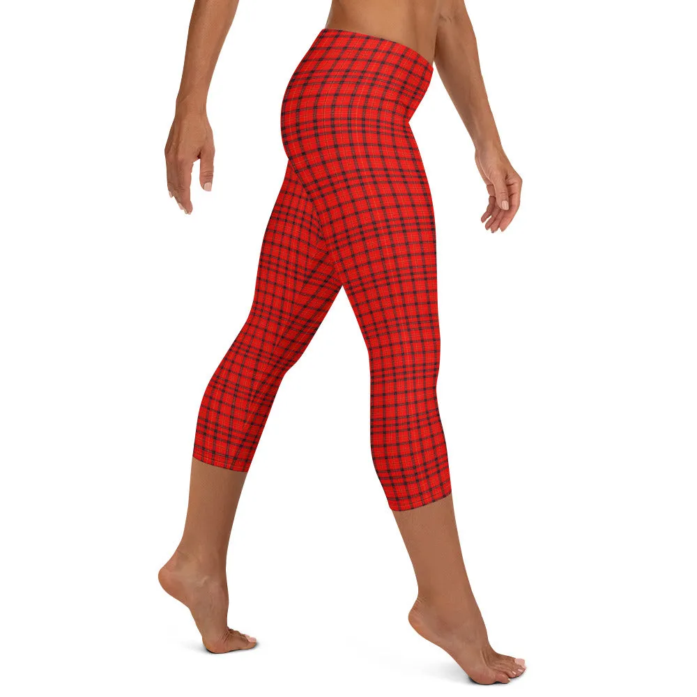 Red Plaid Print Capri Leggings, Scottish Tartan Best Womens Capris Tights-Made in USA/EU