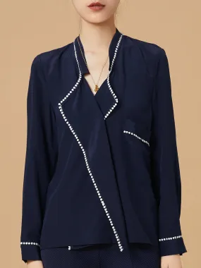 Restock! Navy Loose Fit Lace Trim Silk Blouse