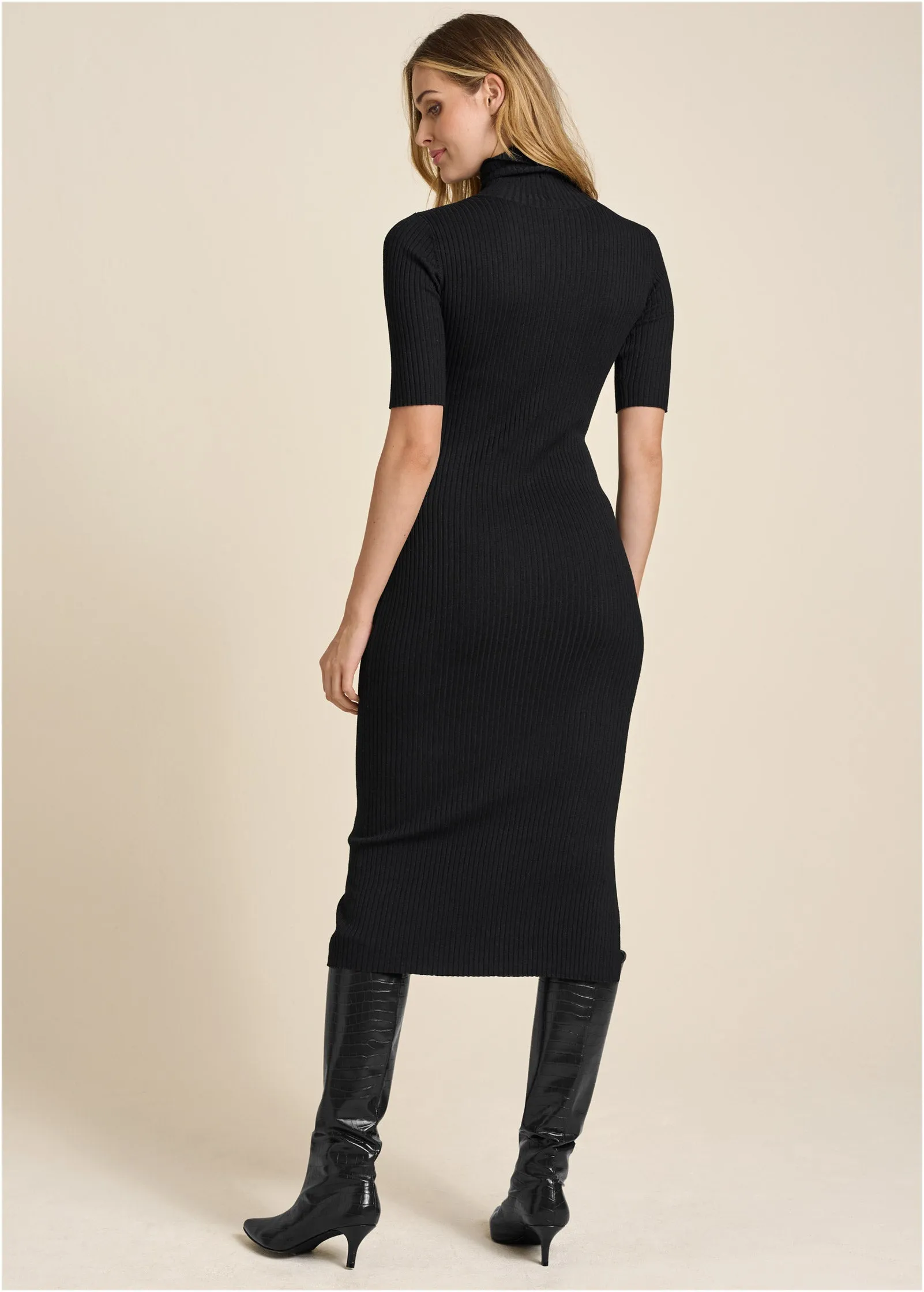 Ribbed Turtleneck Dress - Black