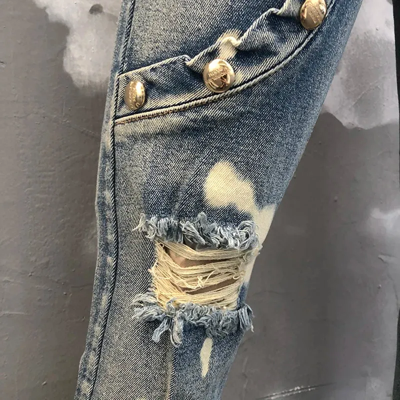 Rivet Fashion Patchwork Ripped Jeans