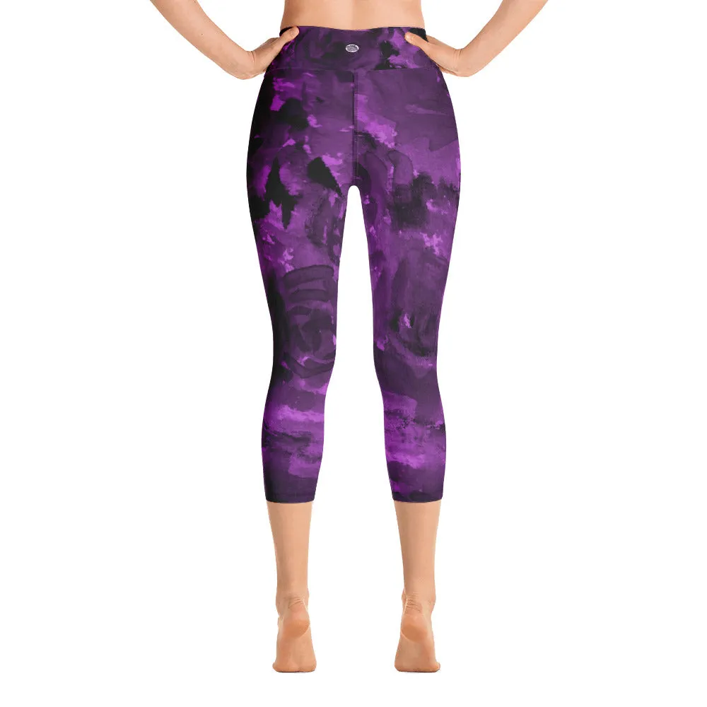 Royal Dark Floral Tights, Purple Rose Floral Print Capri Leggings Women's Yoga Pants - Made in USA