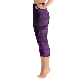 Royal Dark Floral Tights, Purple Rose Floral Print Capri Leggings Women's Yoga Pants - Made in USA