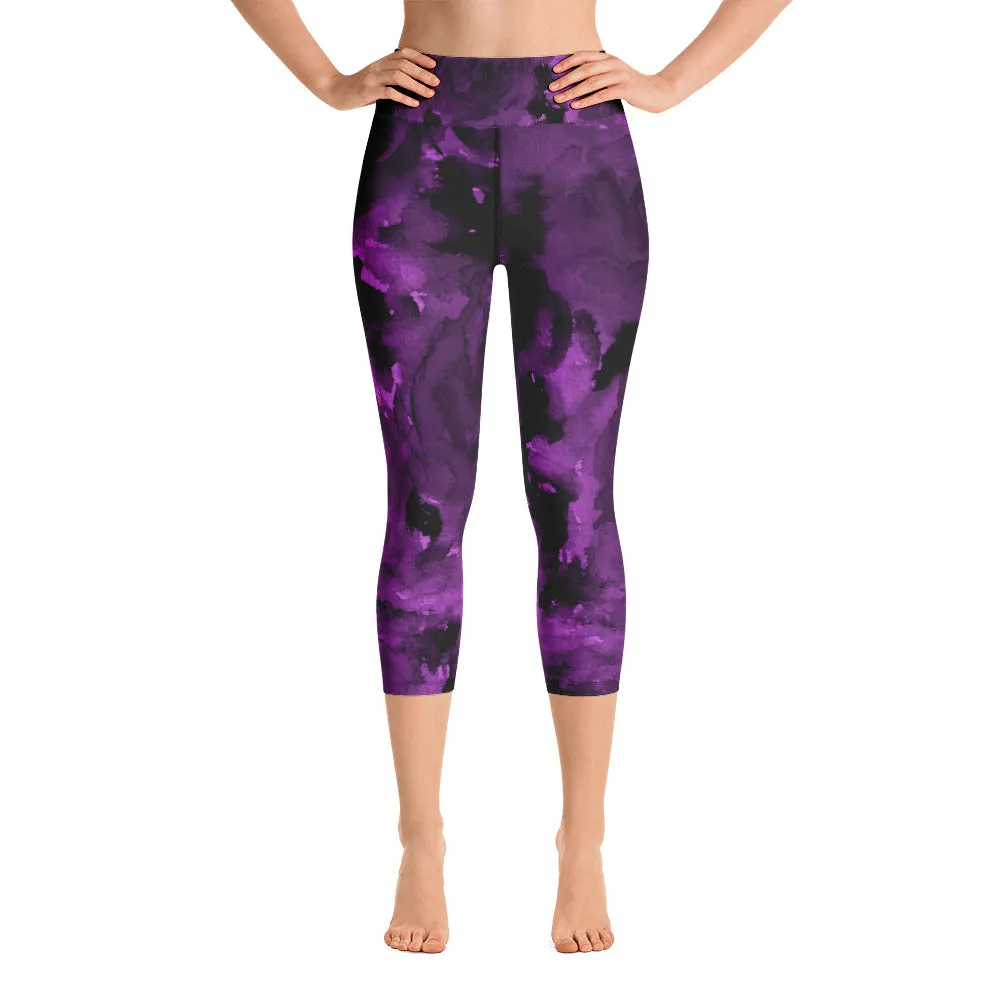 Royal Dark Floral Tights, Purple Rose Floral Print Capri Leggings Women's Yoga Pants - Made in USA