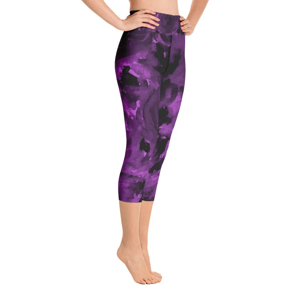 Royal Dark Floral Tights, Purple Rose Floral Print Capri Leggings Women's Yoga Pants - Made in USA