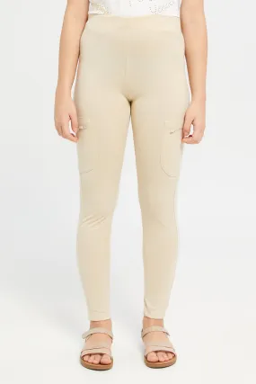 Senior Girls Beige Zipper Pocket Leggings