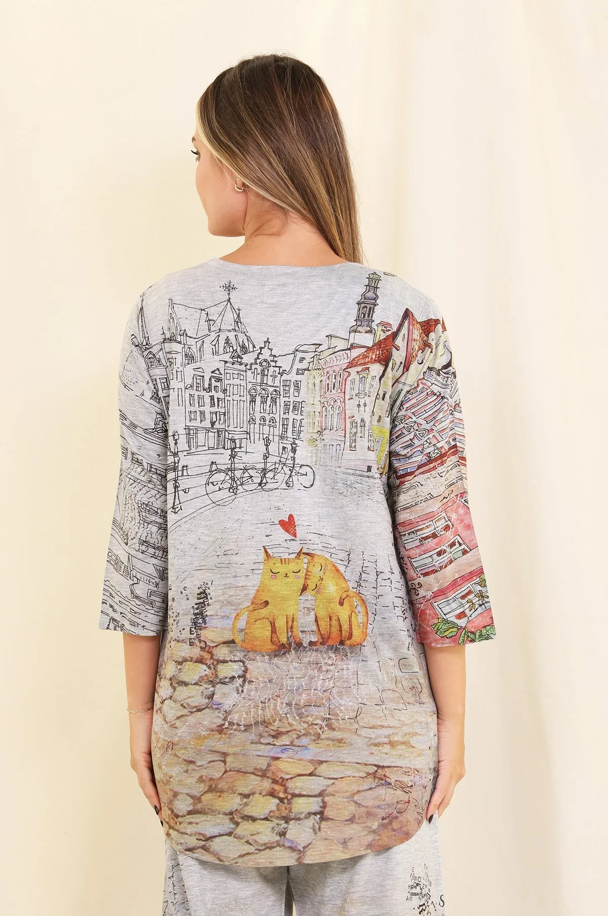 Shirt  Pullover Multicolored Bicycle & Cats Print 3/4 Sleeve Crew Neck Women's T208fp