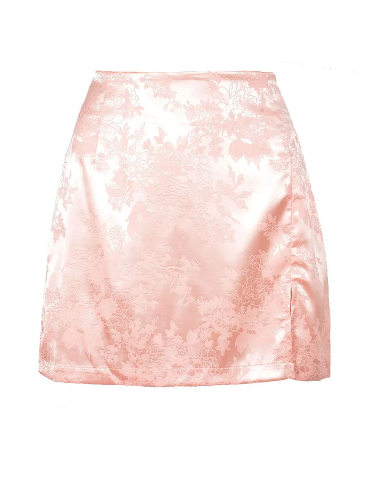 Split Jacquard Satin High Waist Zipper Skirts For Women