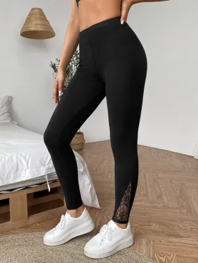 Sporty Plain Contrast Lace Cropped Women Leggings