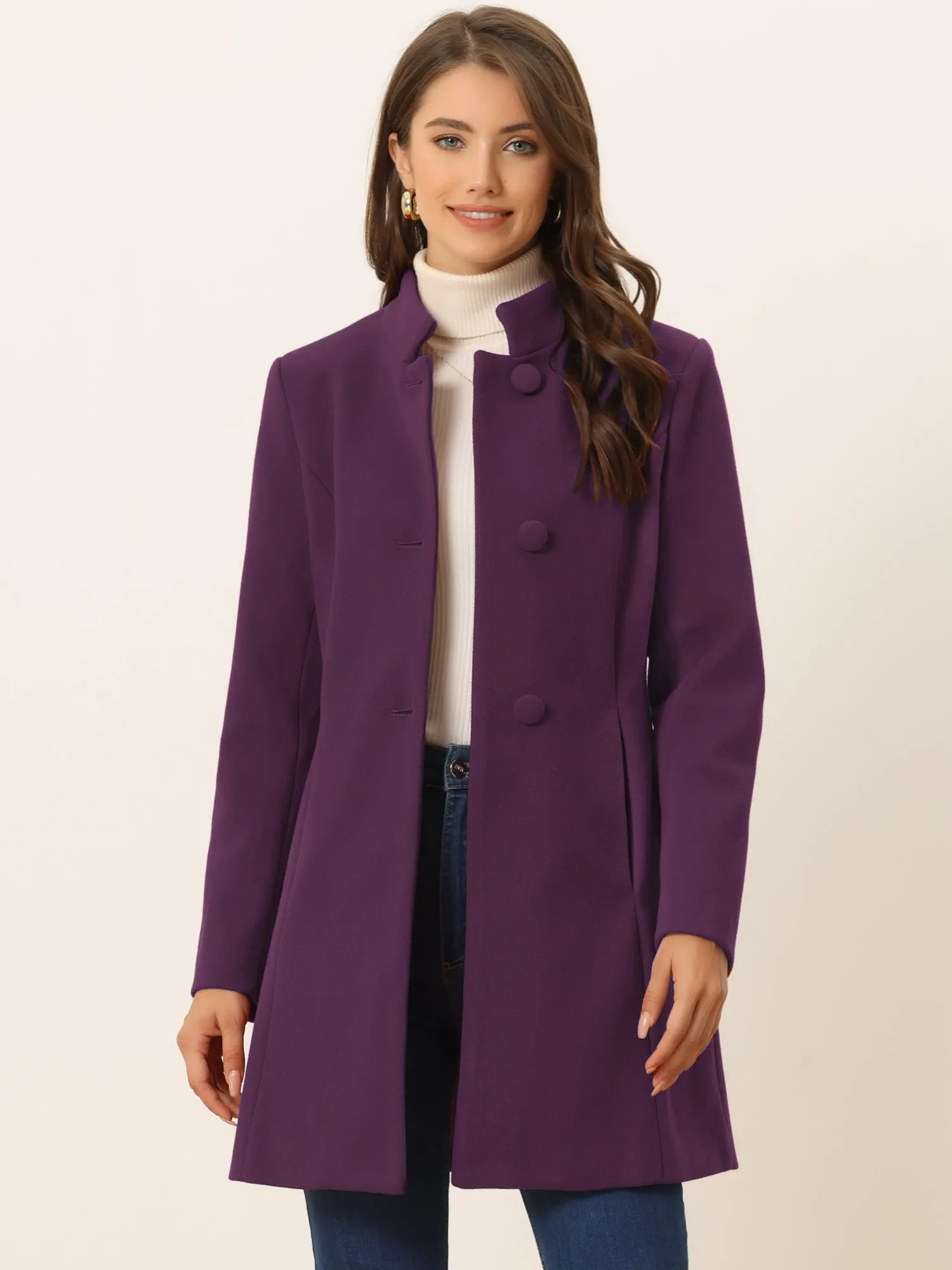 Stand Collar Single Breasted Solid Color Pea Coat