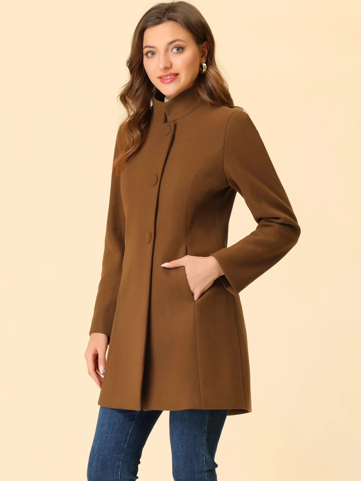 Stand Collar Single Breasted Solid Color Pea Coat