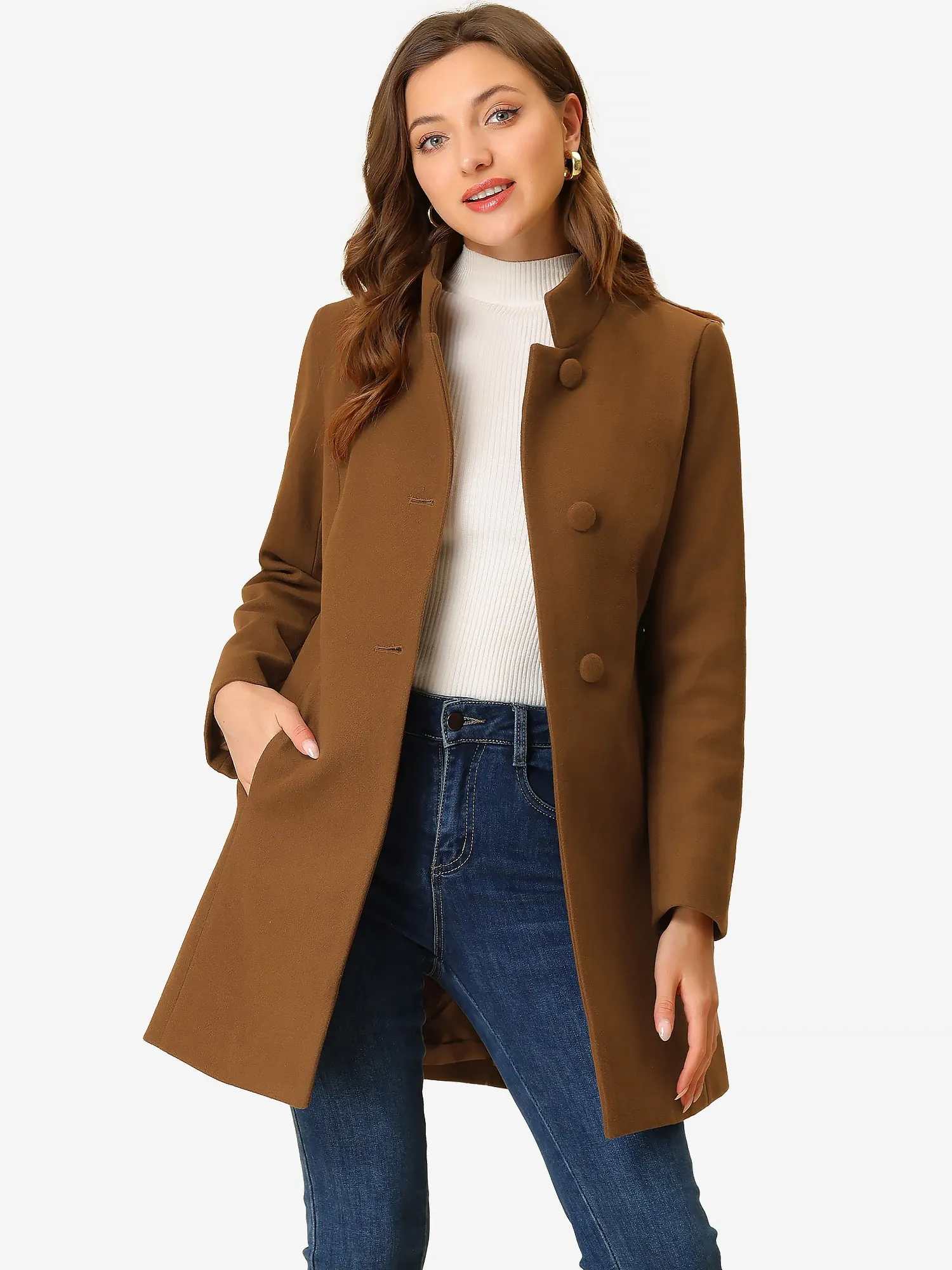 Stand Collar Single Breasted Solid Color Pea Coat