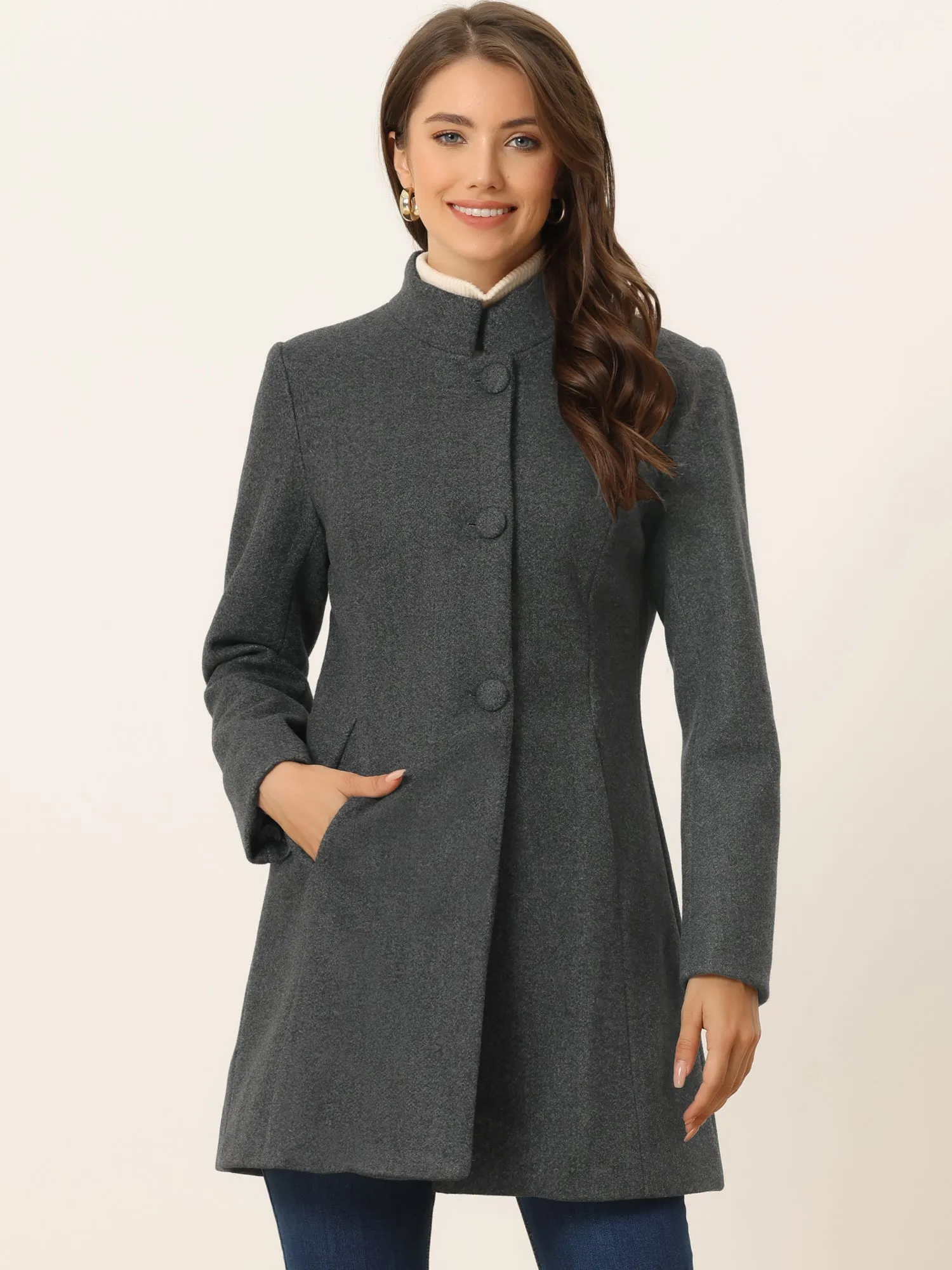 Stand Collar Single Breasted Solid Color Pea Coat