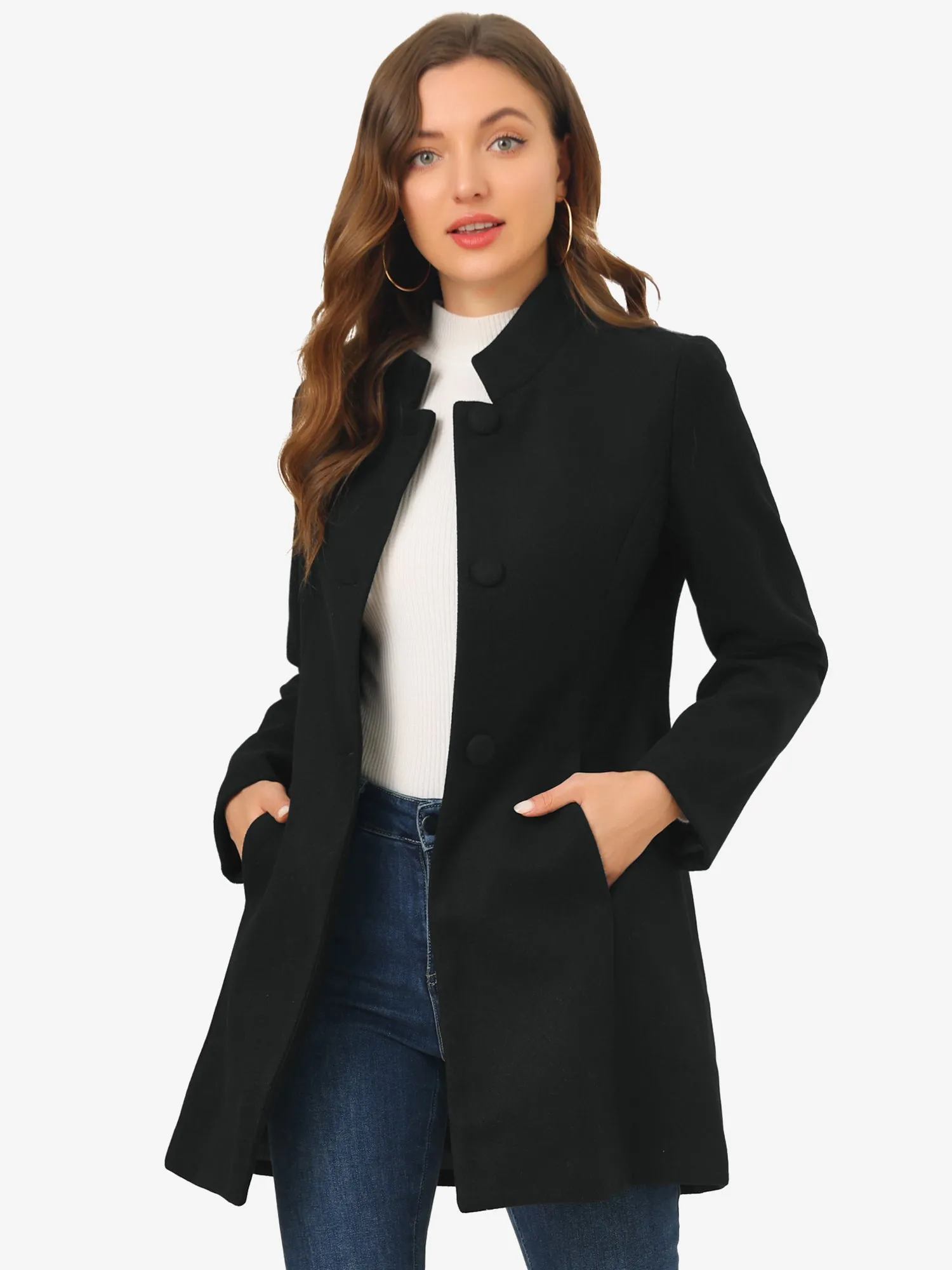 Stand Collar Single Breasted Solid Color Pea Coat