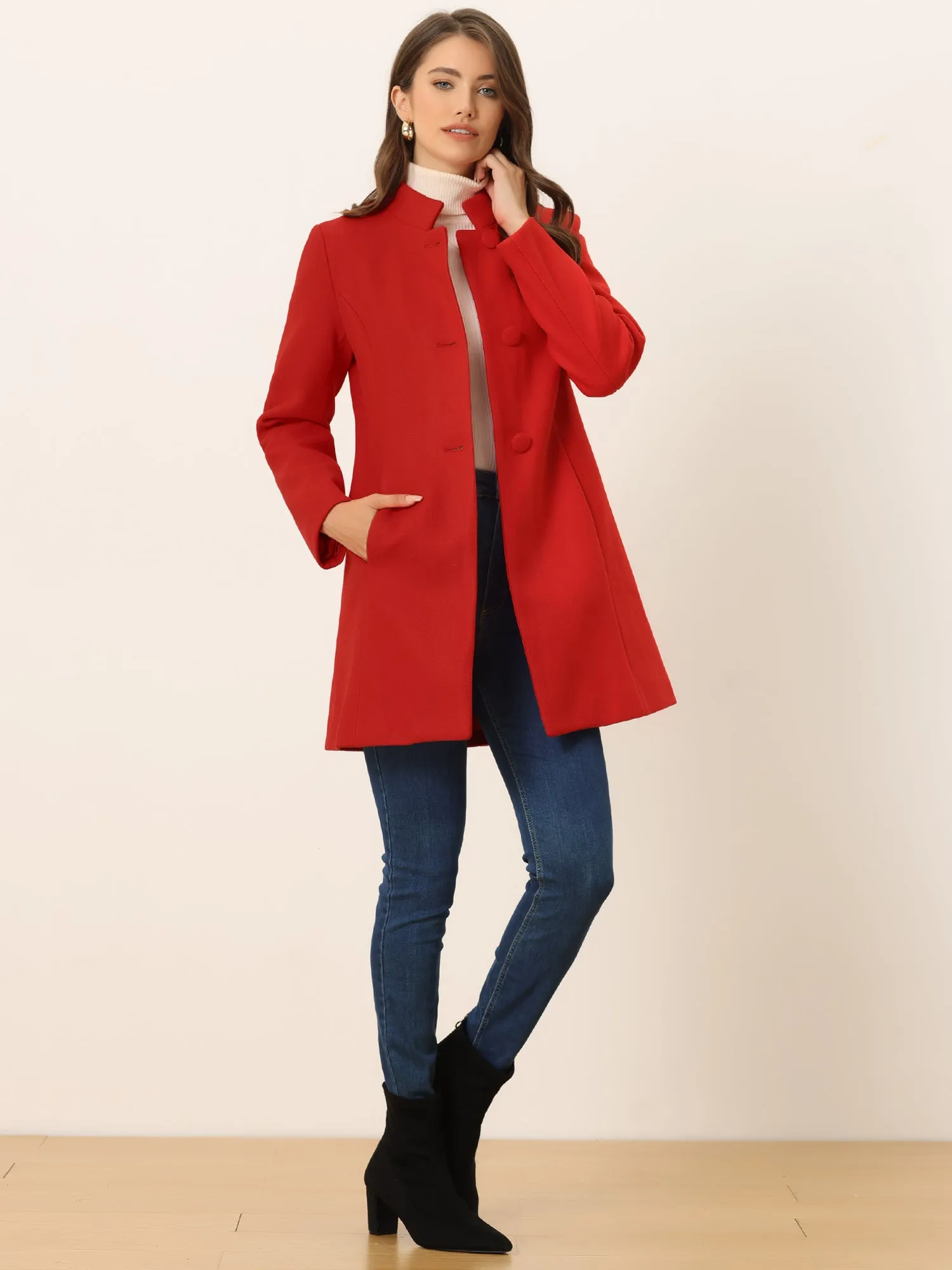 Stand Collar Single Breasted Solid Color Pea Coat