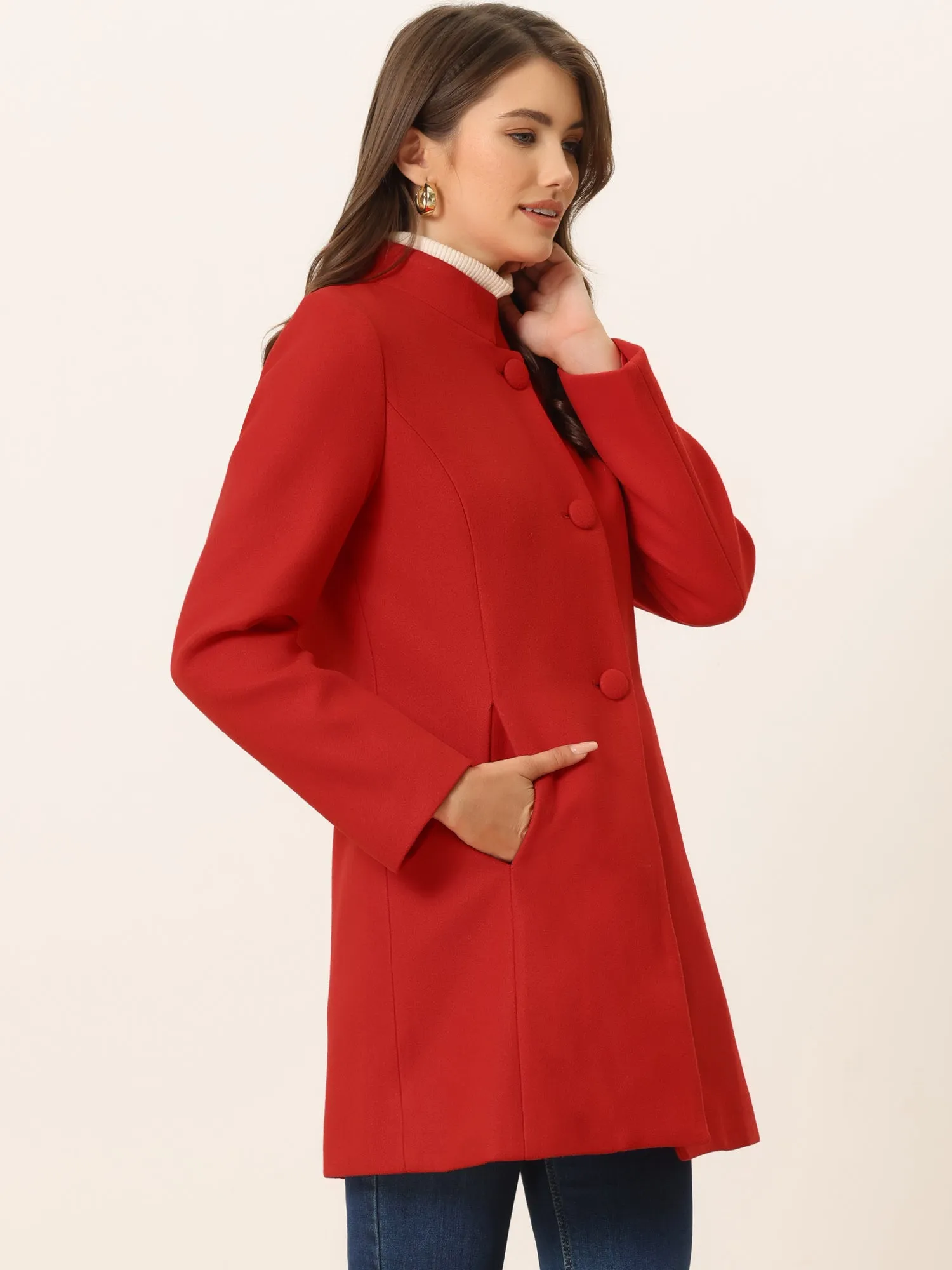 Stand Collar Single Breasted Solid Color Pea Coat