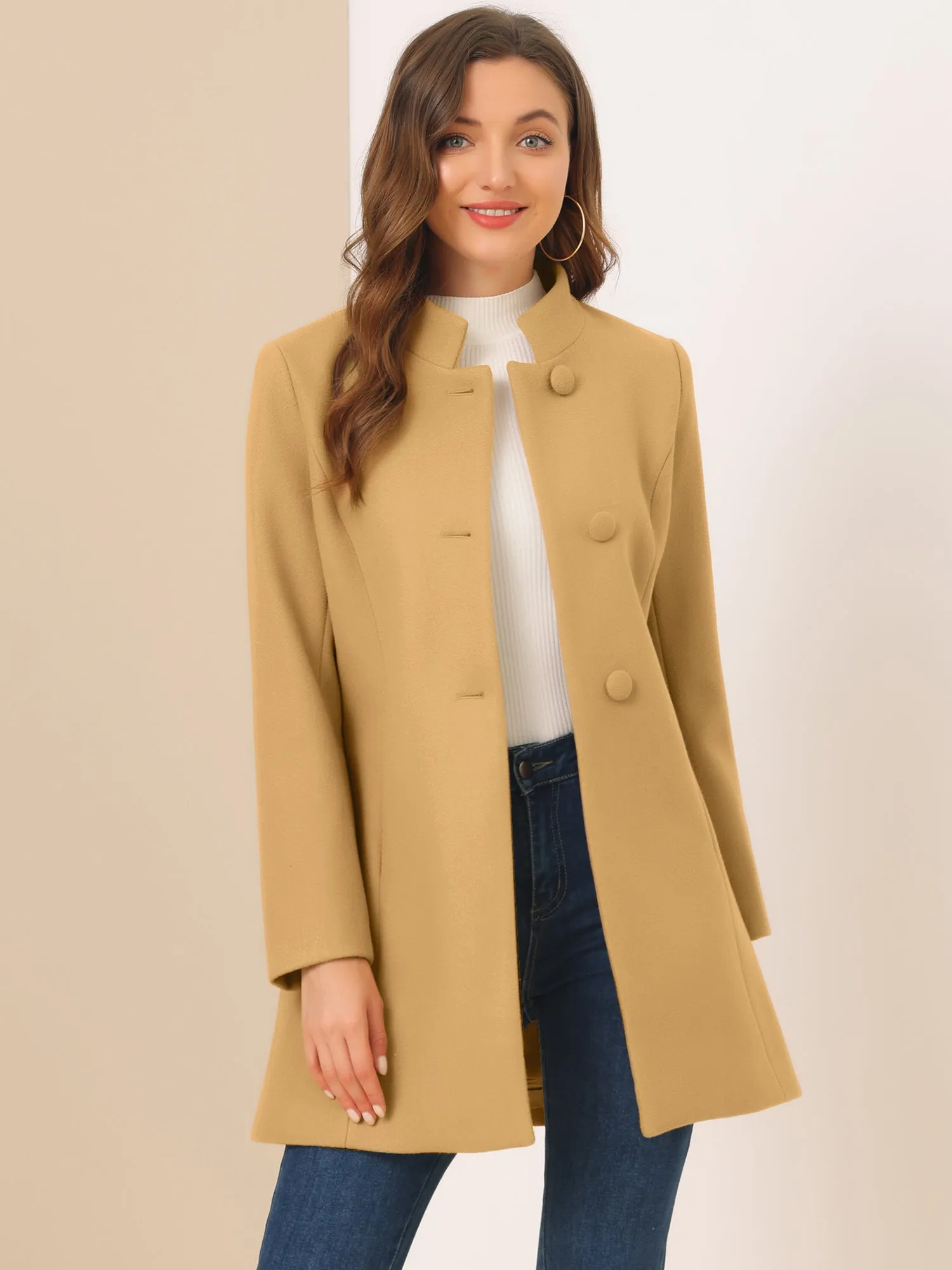 Stand Collar Single Breasted Solid Color Pea Coat