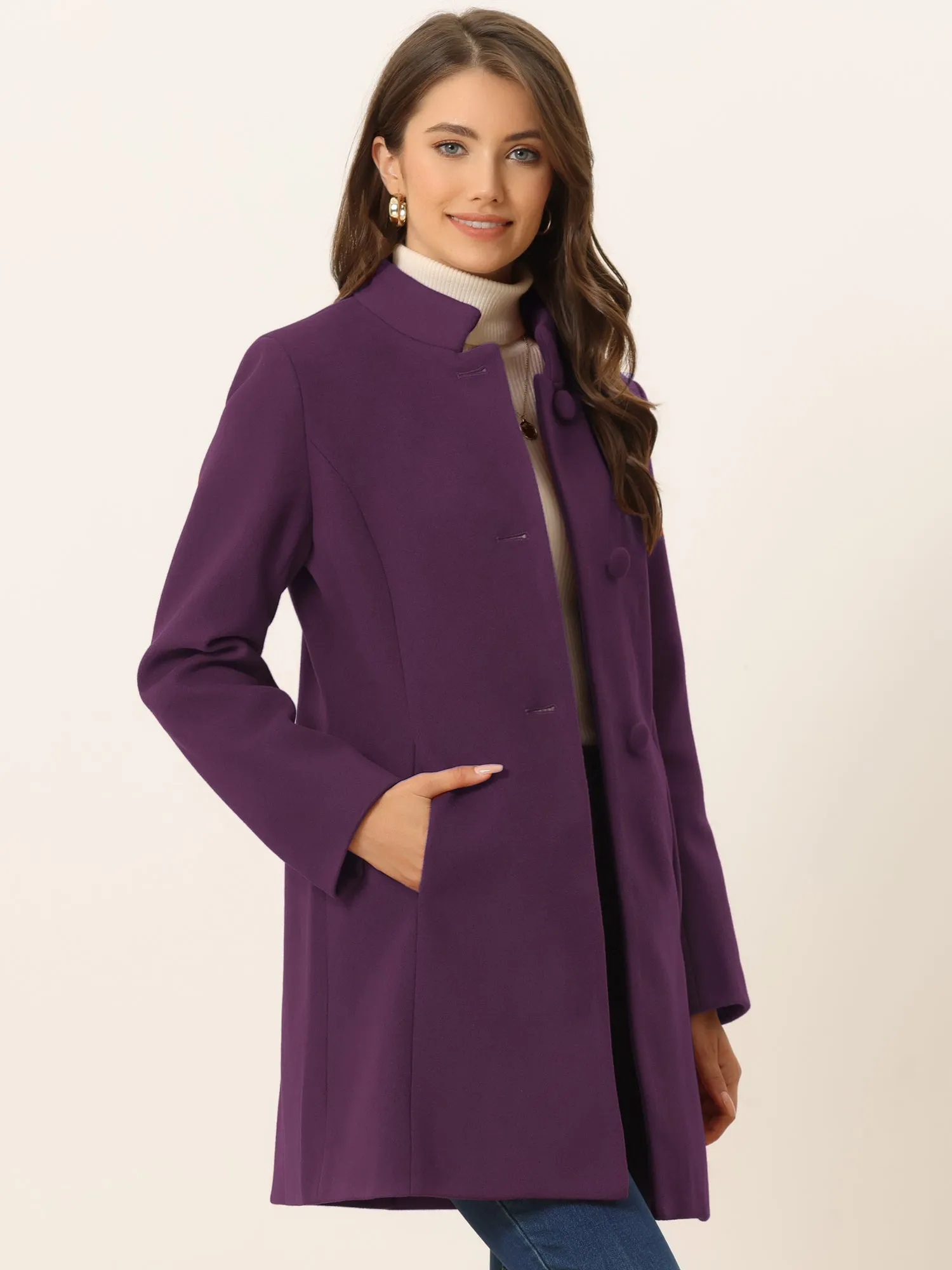 Stand Collar Single Breasted Solid Color Pea Coat