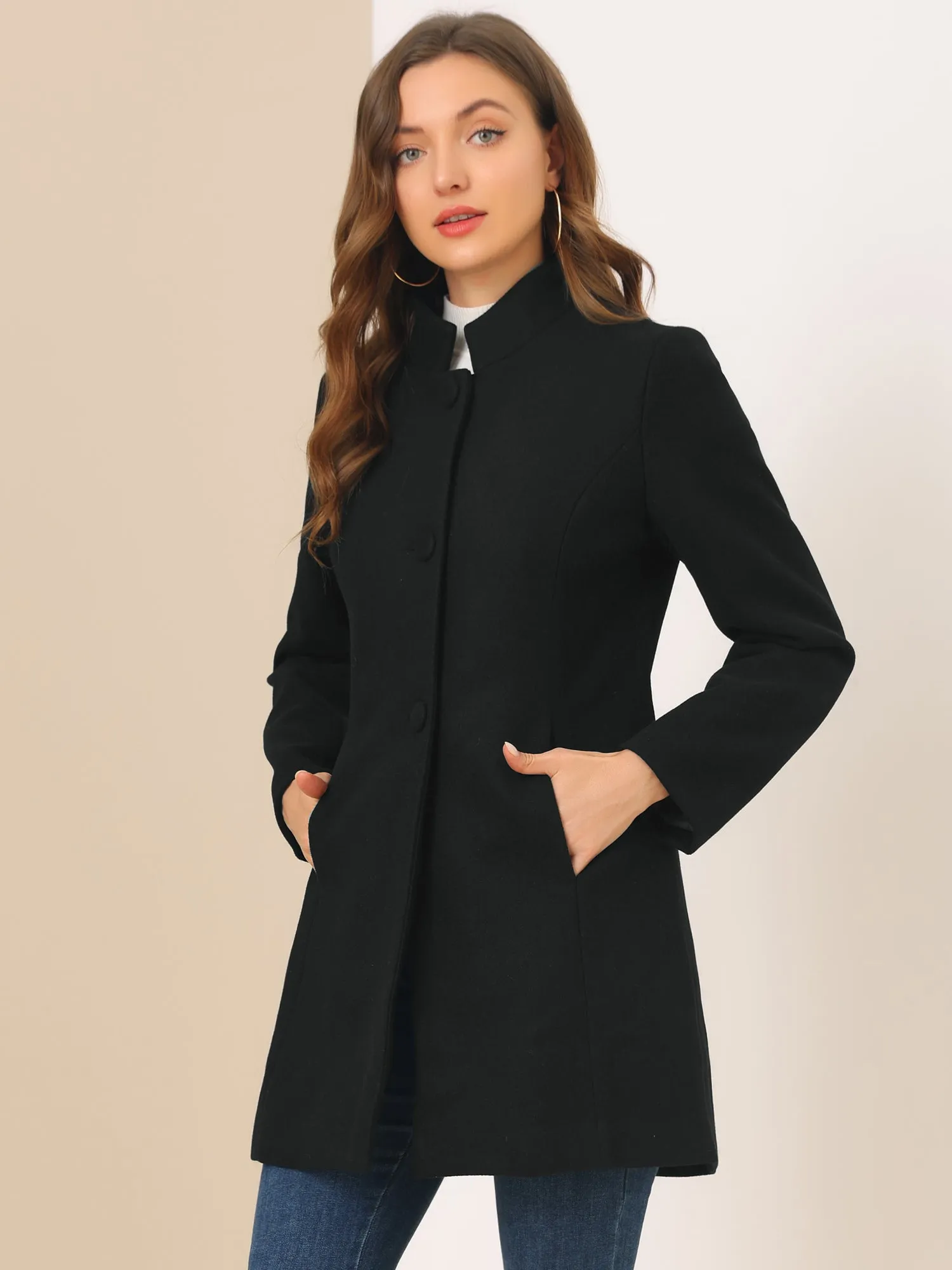 Stand Collar Single Breasted Solid Color Pea Coat