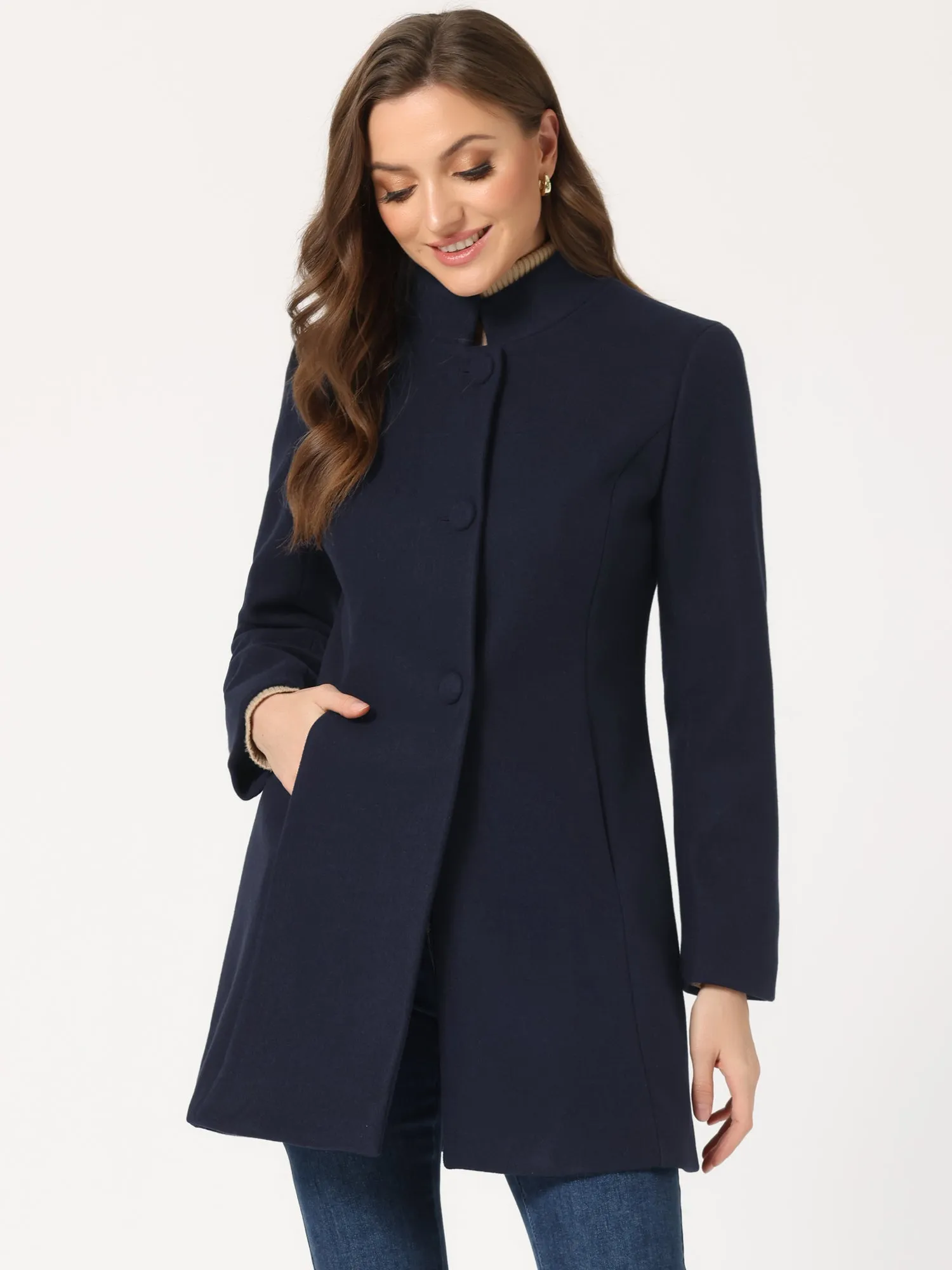 Stand Collar Single Breasted Solid Color Pea Coat