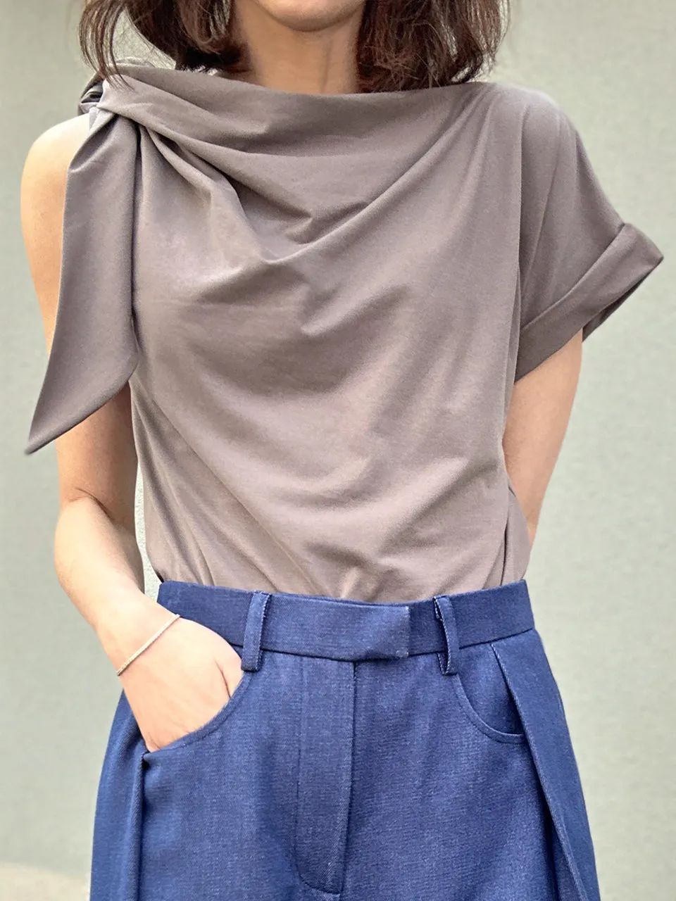 Taupe Grey Asymmetric Tie Knot Detail Boat Neck Tee