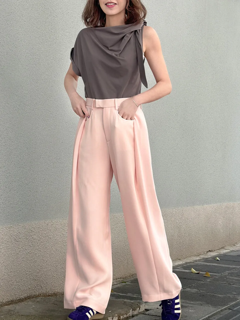 Taupe Grey Asymmetric Tie Knot Detail Boat Neck Tee