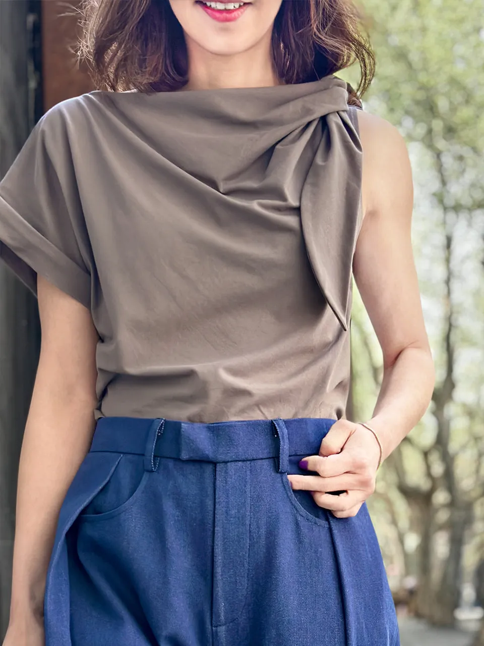 Taupe Grey Asymmetric Tie Knot Detail Boat Neck Tee