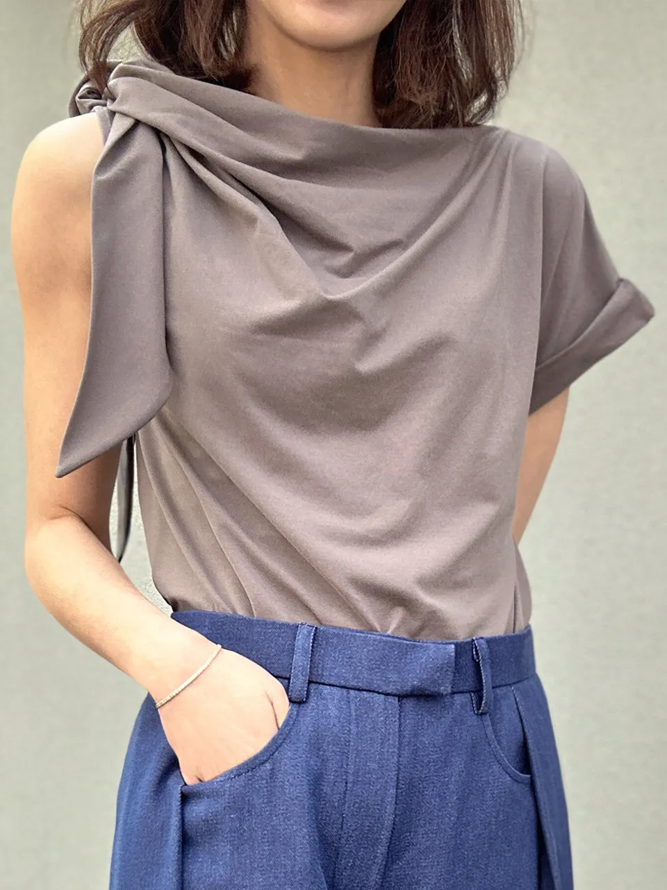 Taupe Grey Asymmetric Tie Knot Detail Boat Neck Tee