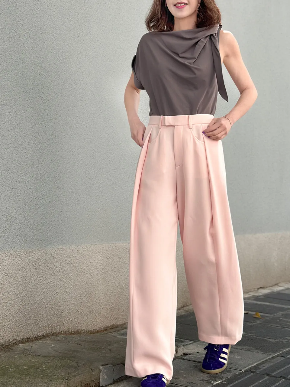 Taupe Grey Asymmetric Tie Knot Detail Boat Neck Tee