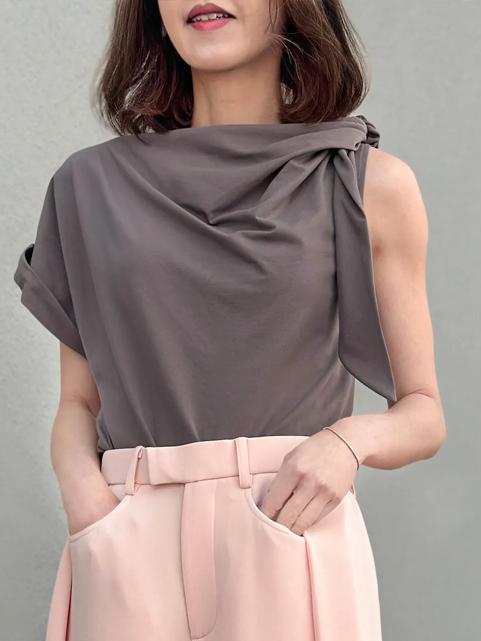 Taupe Grey Asymmetric Tie Knot Detail Boat Neck Tee