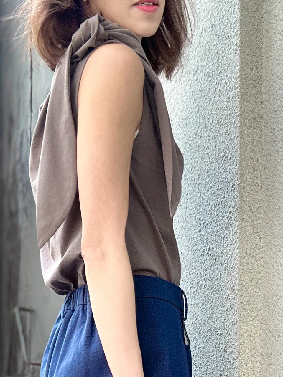 Taupe Grey Asymmetric Tie Knot Detail Boat Neck Tee